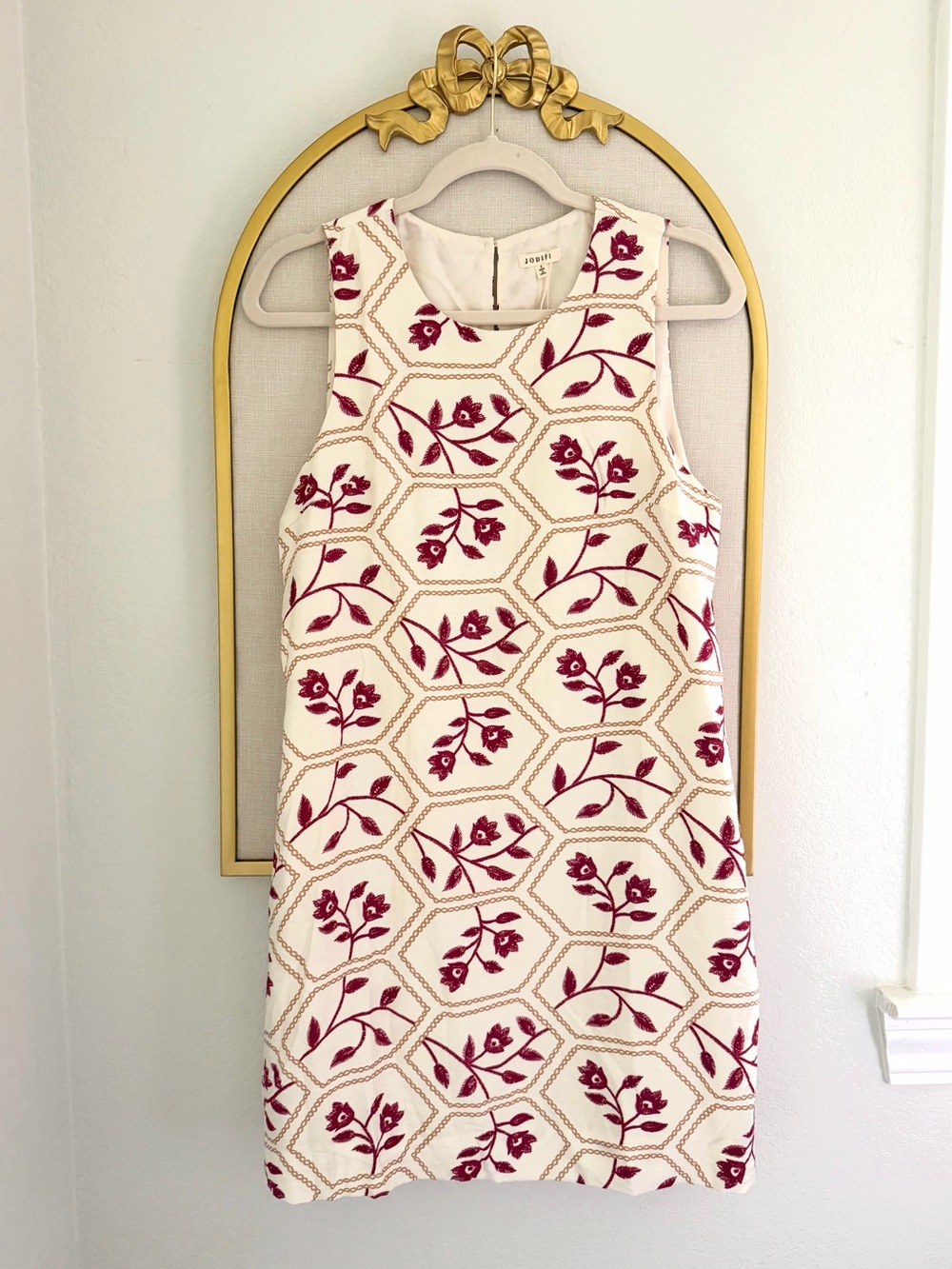 JODIFL Ivory Shift Dress with Burgundy Floral Printed Motif Design